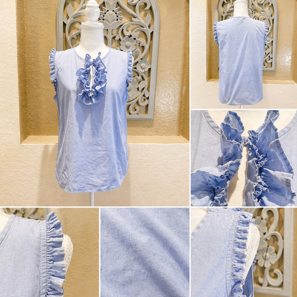 J.Crew Size 6 Blue Ruffle Sleeveless Blouse Preppy Feminine Cottagecore Summer